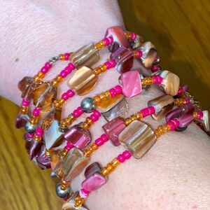 Pink Shell & Beads Wire Multilayered Wrap Bracelet
